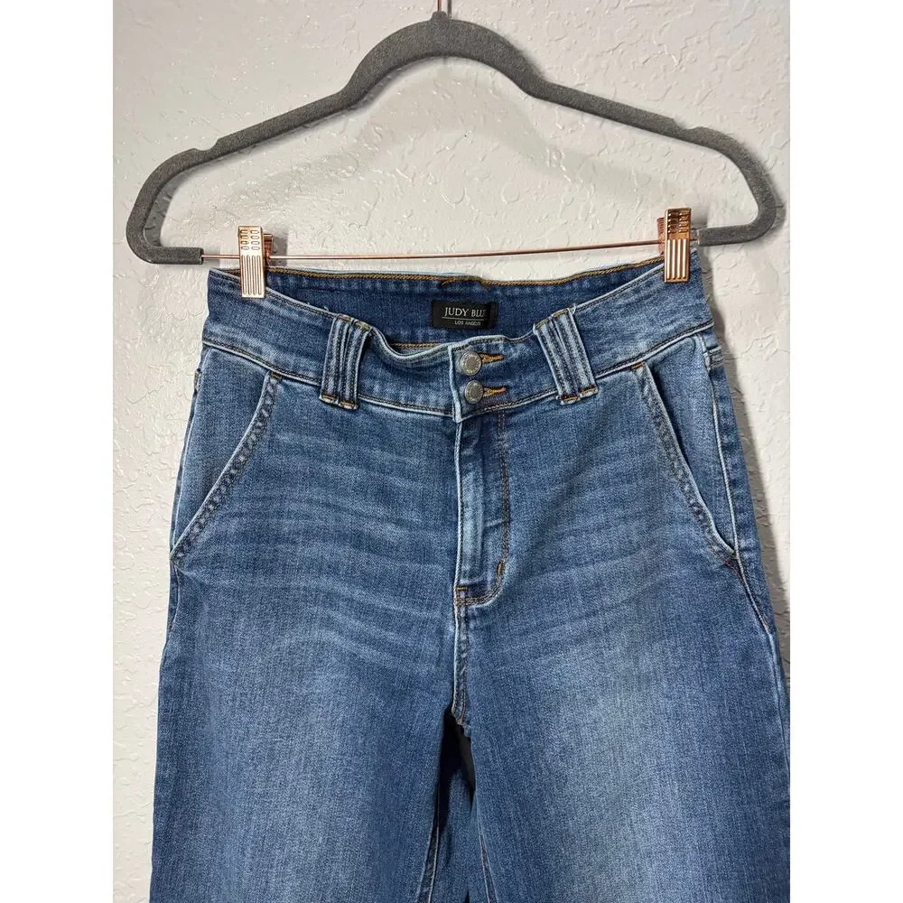 Judy Blue Dark Wash Wide Leg Stretch Jeans Sz 9/29 Boho Casual Preppy - Picture 2 of 7